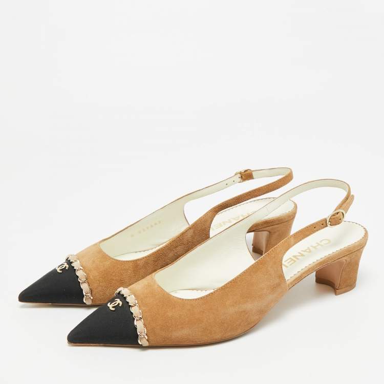 Pre Owned Chanel CC Logo Interlocking Size 40 Brown/Black Suede and Canvas  Slingback Pumps 