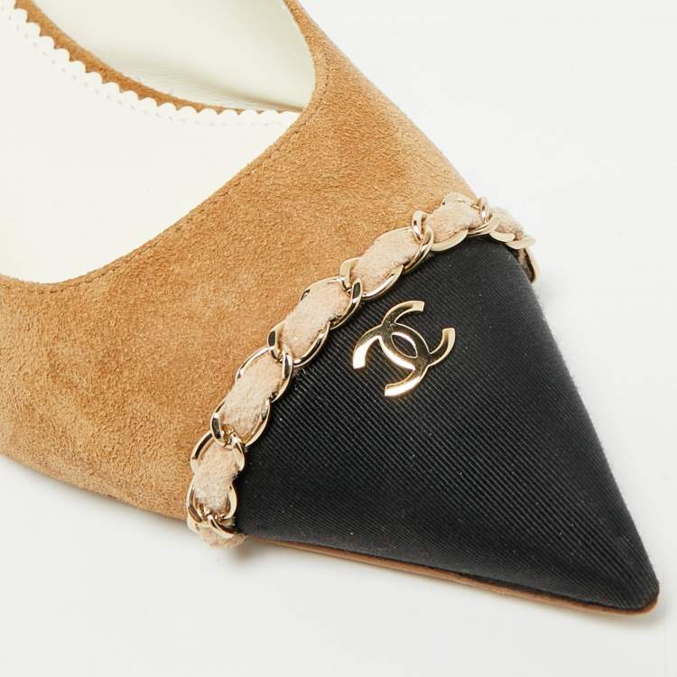 Pre Owned Chanel CC Logo Interlocking Size 40 Brown/Black Suede and Canvas  Slingback Pumps 