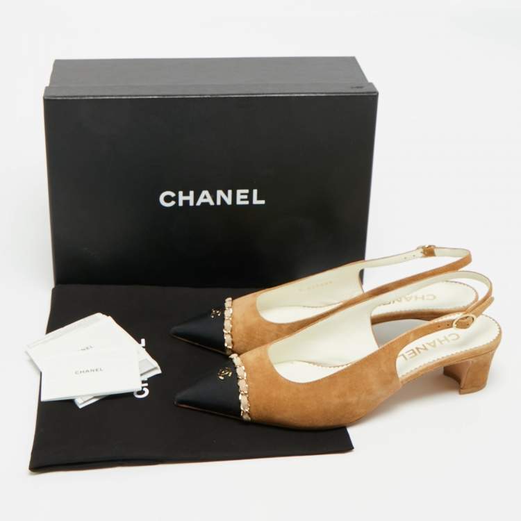 Pre Owned Chanel CC Logo Interlocking Size 40 Brown/Black Suede and Canvas  Slingback Pumps 