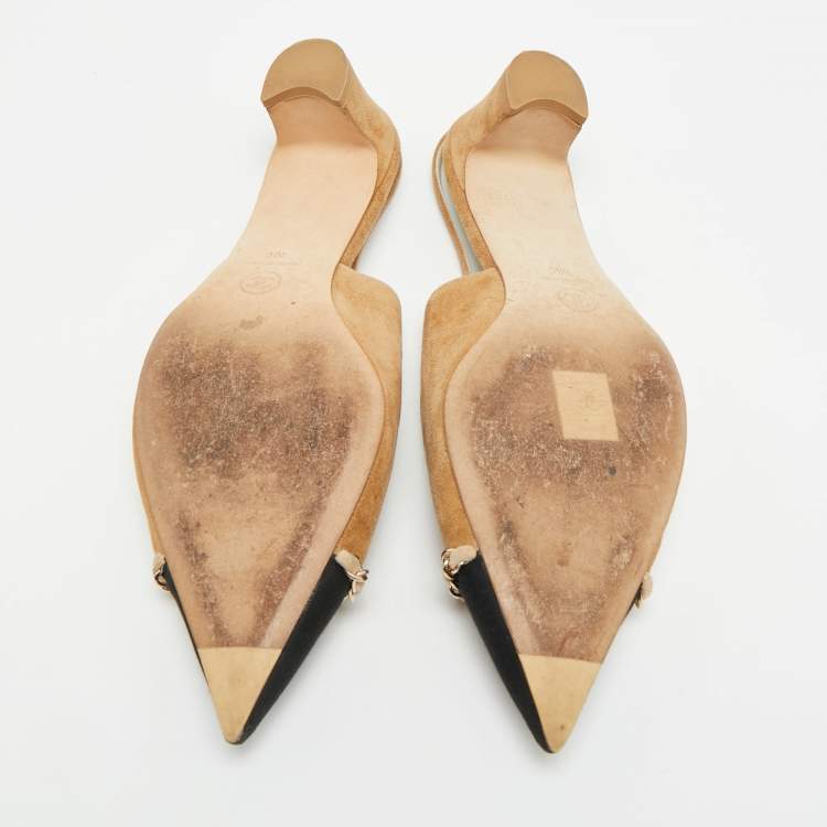 Pre Owned Chanel CC Logo Interlocking Size 40 Brown/Black Suede and Canvas  Slingback Pumps 