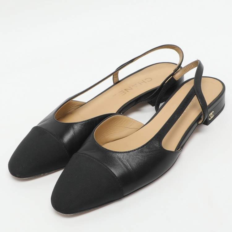 مملوكة مسبقًا Chanel CC Size 37.5 Black Leather and Fabric Slingback Flats