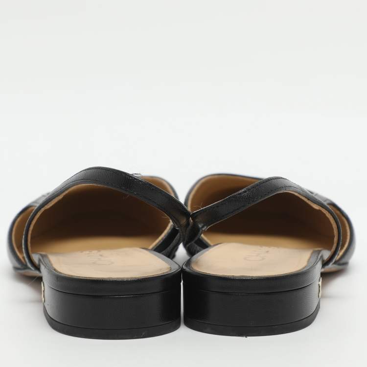 مملوكة مسبقًا Chanel CC Size 37.5 Black Leather and Fabric Slingback Flats