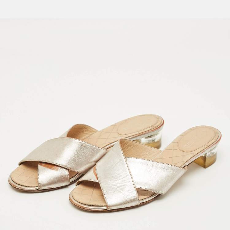 Pre Owned Chanel Size 36.5 Silver Leather Criss Cross Flat Slides