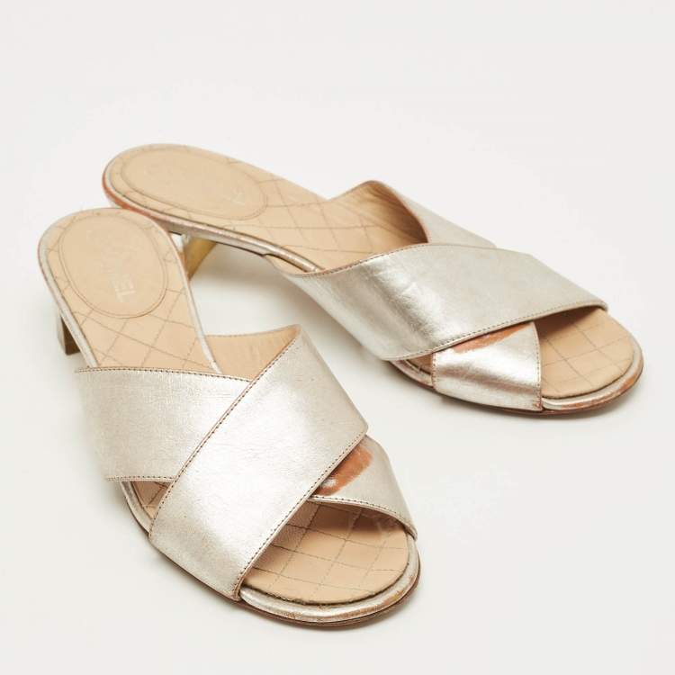 Pre Owned Chanel Size 36.5 Silver Leather Criss Cross Flat Slides