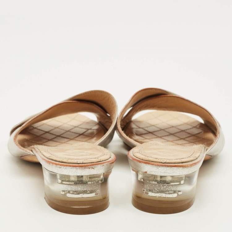 Pre Owned Chanel Size 36.5 Silver Leather Criss Cross Flat Slides