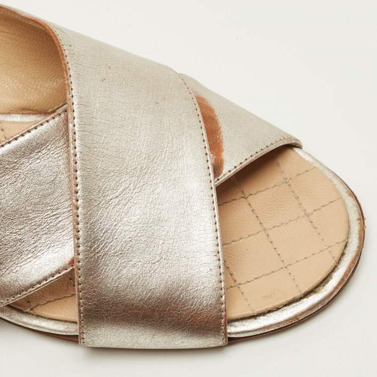 Pre Owned Chanel Size 36.5 Silver Leather Criss Cross Flat Slides