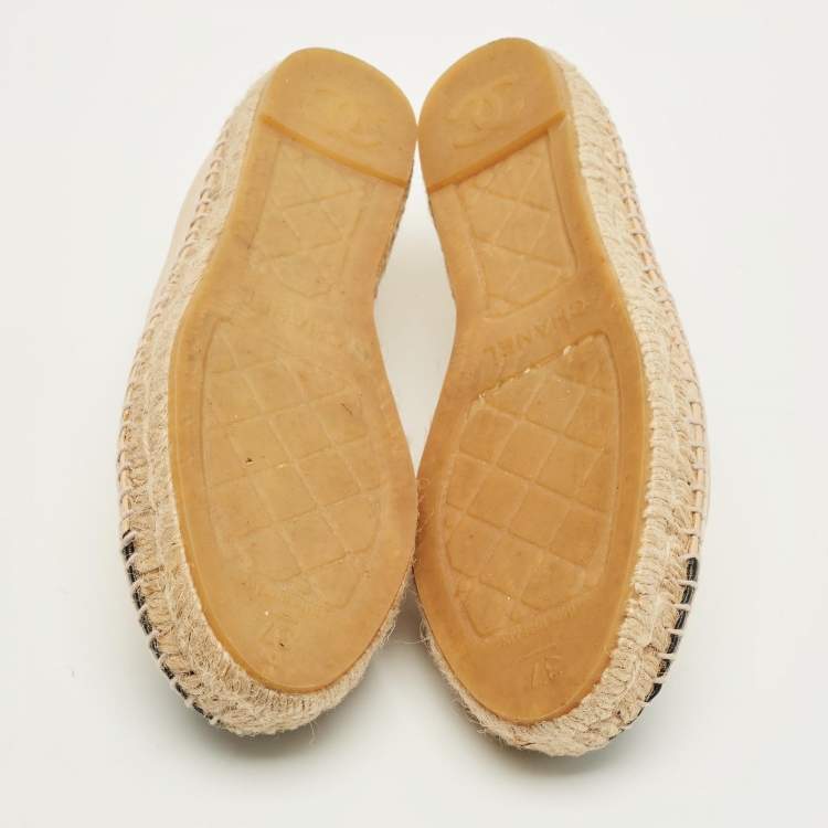 Pre Owned Chanel CC Size 37 Beige/Black Leather Espadrille Flats