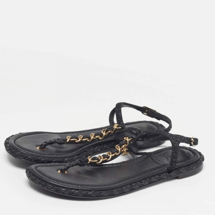 Pre Owned Chanel CC Size 37 Black Woven Leather Thong Ankle Strap Sandals