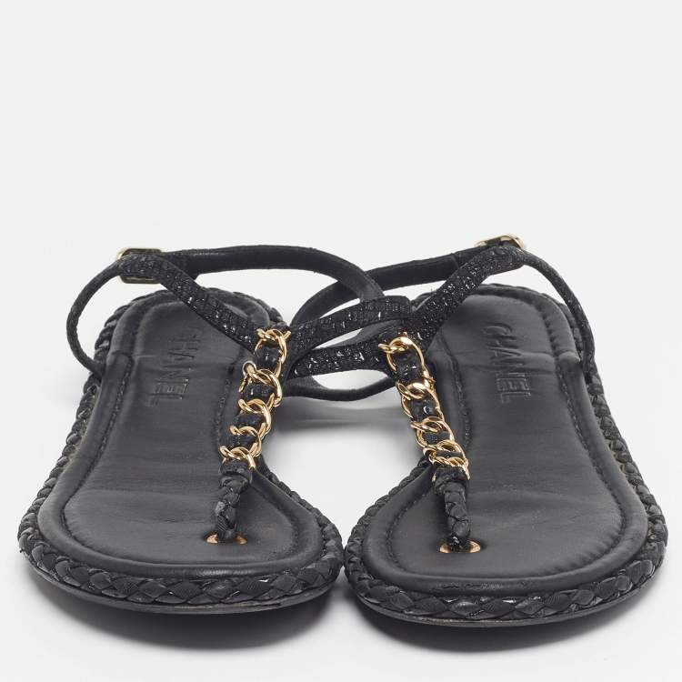 Pre Owned Chanel CC Size 37 Black Woven Leather Thong Ankle Strap Sandals