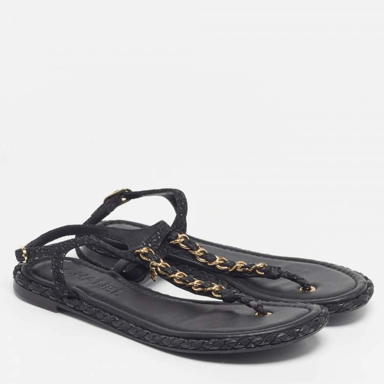 Pre Owned Chanel CC Size 37 Black Woven Leather Thong Ankle Strap Sandals