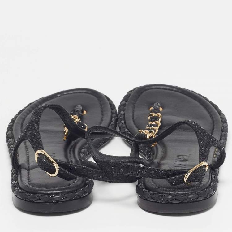Pre Owned Chanel CC Size 37 Black Woven Leather Thong Ankle Strap Sandals