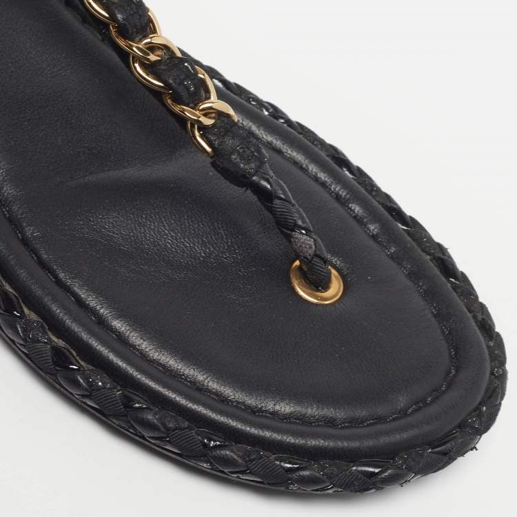 Pre Owned Chanel CC Size 37 Black Woven Leather Thong Ankle Strap Sandals