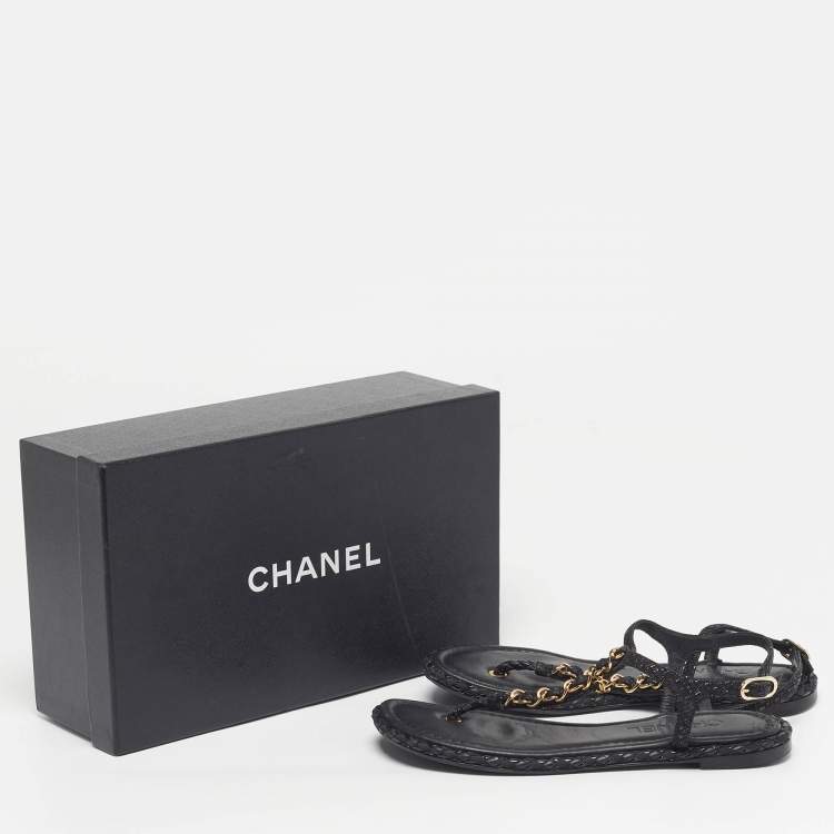 Pre Owned Chanel CC Size 37 Black Woven Leather Thong Ankle Strap Sandals