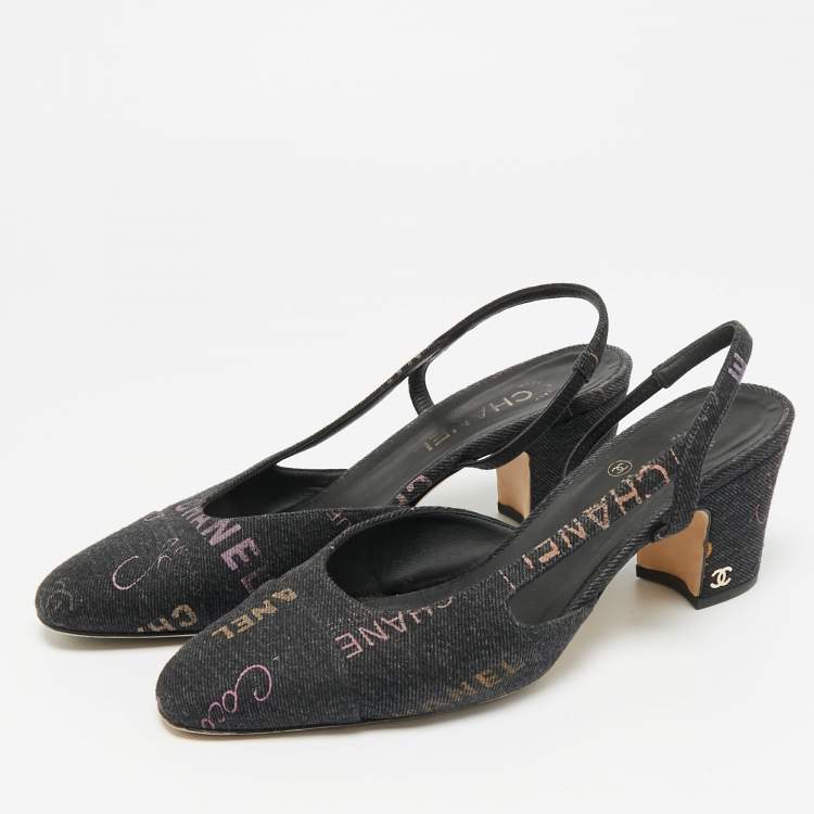 Pre Owned Chanel CC Size 40 Navy Blue/Purple Denim Slingback Pumps