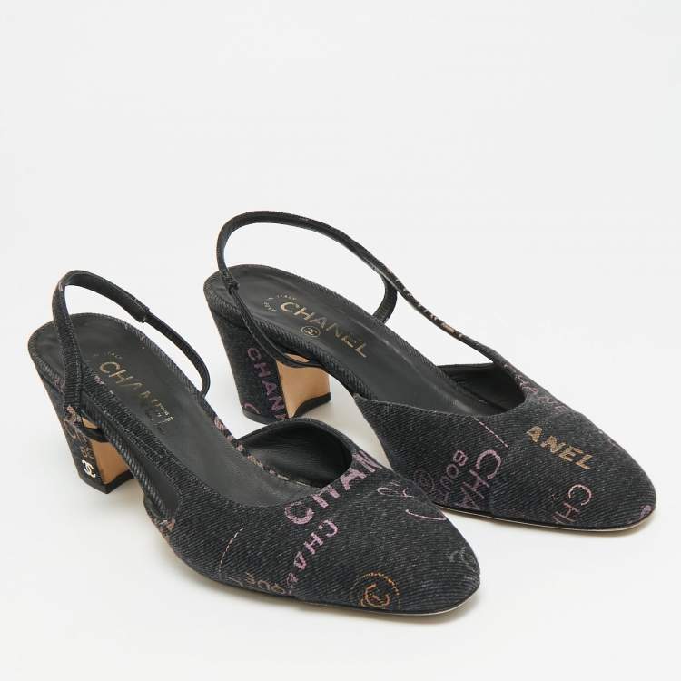 Pre Owned Chanel CC Size 40 Navy Blue/Purple Denim Slingback Pumps
