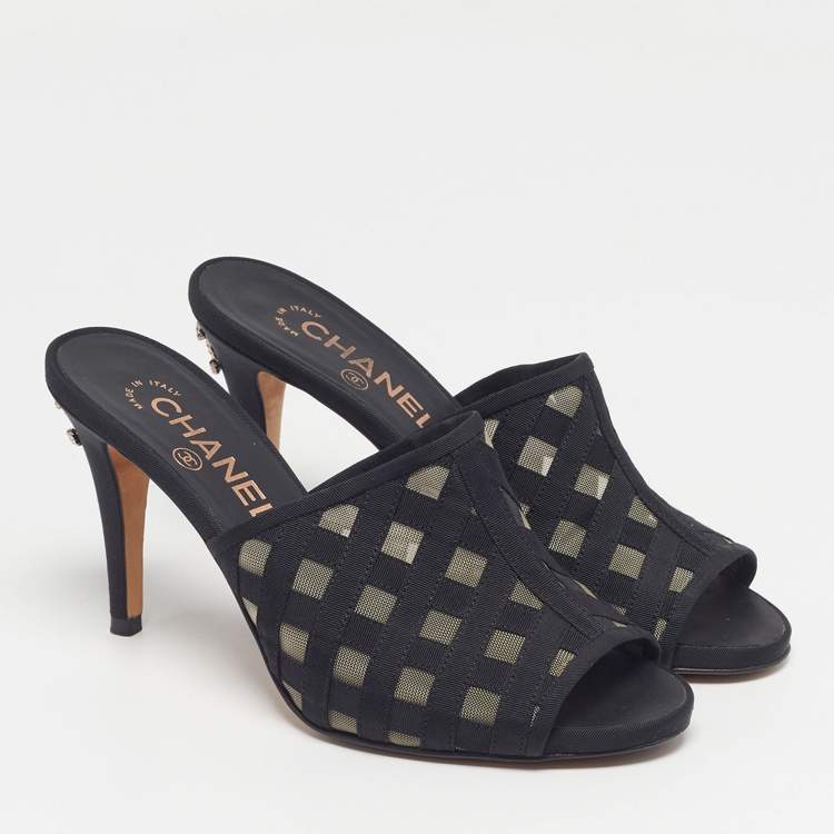 Pre Owned Chanel CC Size 37 Black Canvas and Grosgrain Mules