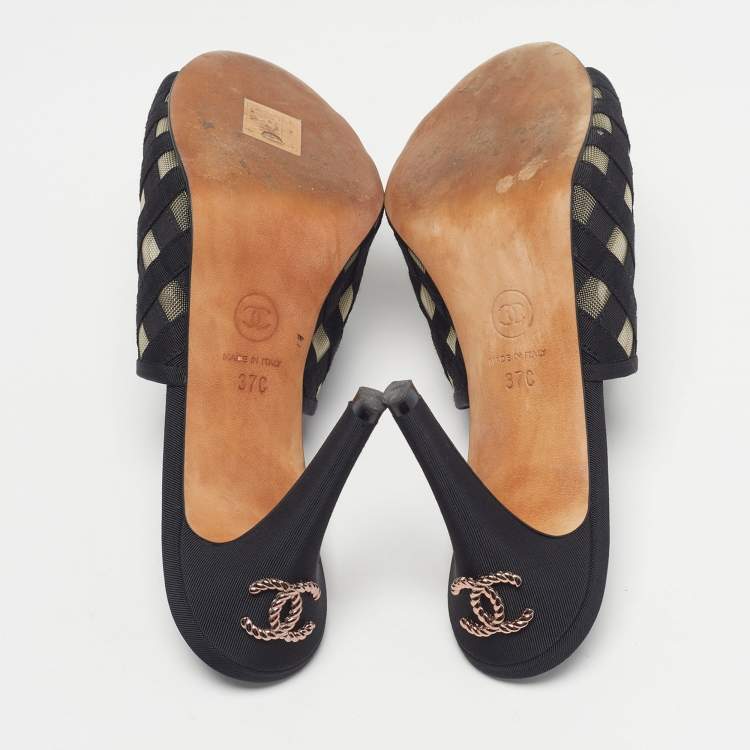 Pre Owned Chanel CC Size 37 Black Canvas and Grosgrain Mules