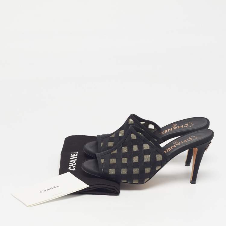 Pre Owned Chanel CC Size 37 Black Canvas and Grosgrain Mules