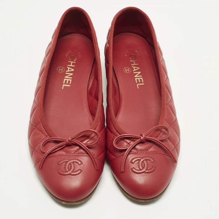 Pre Owned Chanel CC Size 39 Red Quilted Leather Bow Ballet Flats