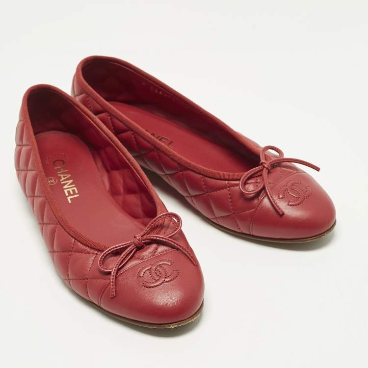 Pre Owned Chanel CC Size 39 Red Quilted Leather Bow Ballet Flats