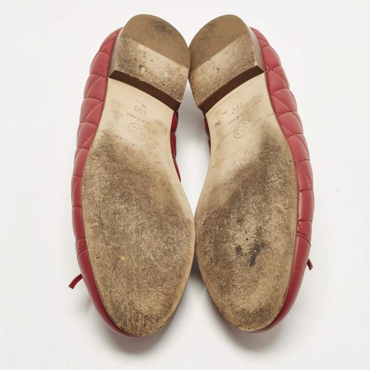 Pre Owned Chanel CC Size 39 Red Quilted Leather Bow Ballet Flats