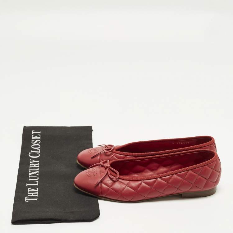 Pre Owned Chanel CC Size 39 Red Quilted Leather Bow Ballet Flats