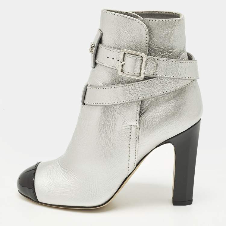 Pre Owned Chanel Size 36.5 Silver/Black Leather and Patent Leather Ankle Length Boots