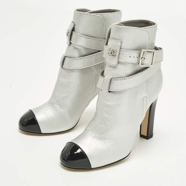 Pre Owned Chanel Size 36.5 Silver/Black Leather and Patent Leather Ankle Length Boots