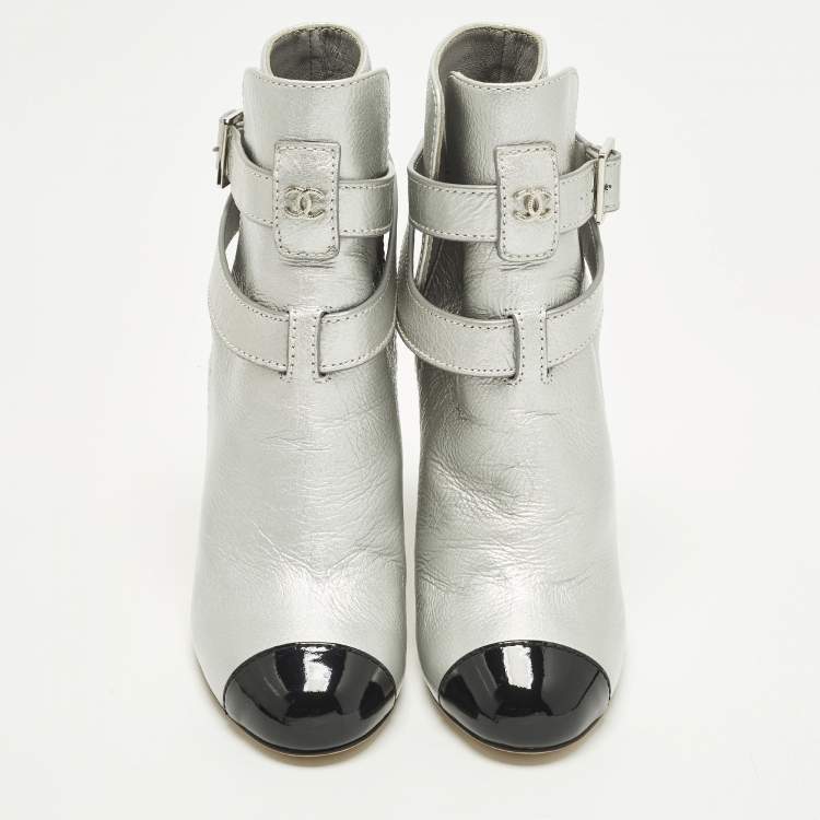 Pre Owned Chanel Size 36.5 Silver/Black Leather and Patent Leather Ankle Length Boots