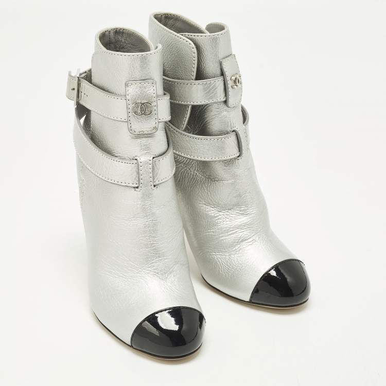 Pre Owned Chanel Size 36.5 Silver/Black Leather and Patent Leather Ankle Length Boots