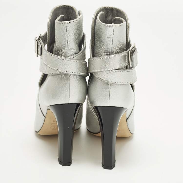 Pre Owned Chanel Size 36.5 Silver/Black Leather and Patent Leather Ankle Length Boots