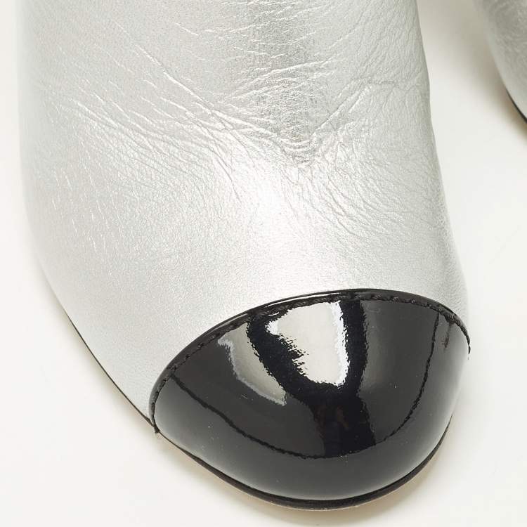 Pre Owned Chanel Size 36.5 Silver/Black Leather and Patent Leather Ankle Length Boots