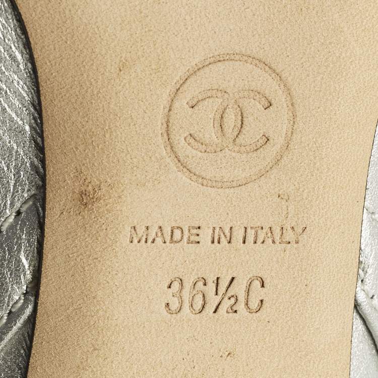 Pre Owned Chanel Size 36.5 Silver/Black Leather and Patent Leather Ankle Length Boots