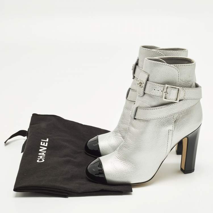 Pre Owned Chanel Size 36.5 Silver/Black Leather and Patent Leather Ankle Length Boots