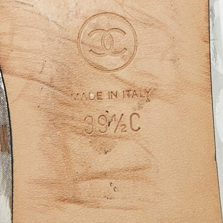 Pre Owned Chanel CC Size 39.5 Silver/Black Canvas and Leather Bow Ballet Flats