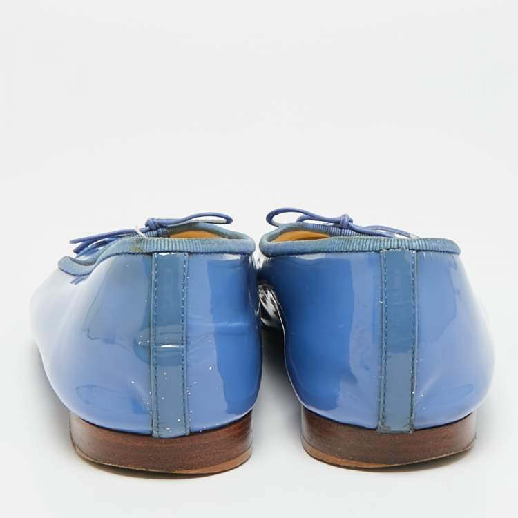 Pre Owned Chanel CC Size 39 Blue Patent Leather Bow Cap Toe Ballet Flats