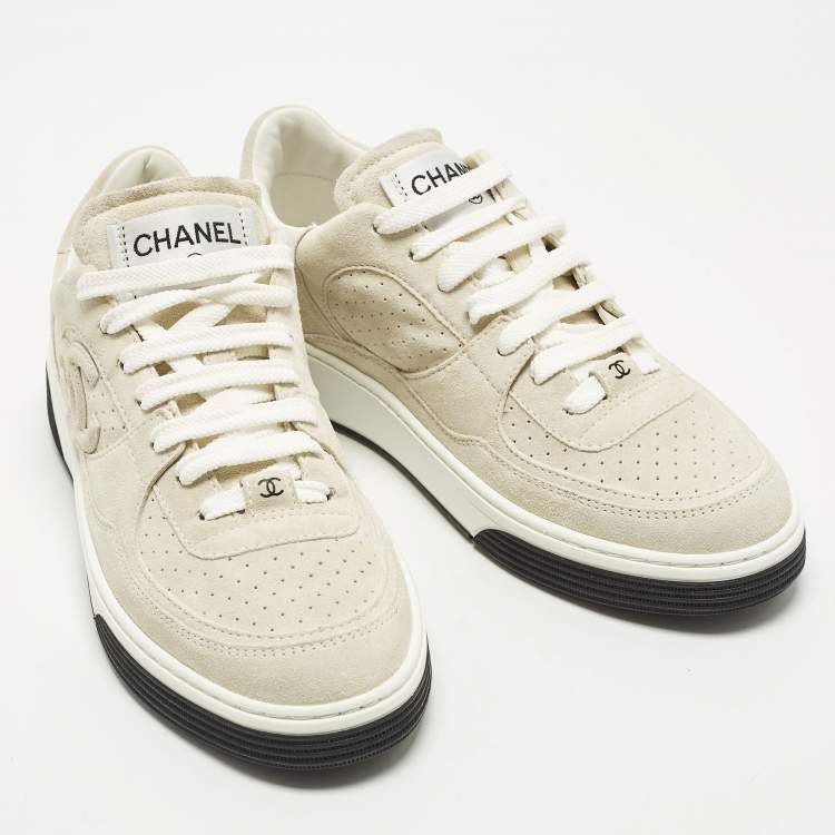 Pre Owned Chanel CC Size 37.5 Beige Suede Low Top Sneakers