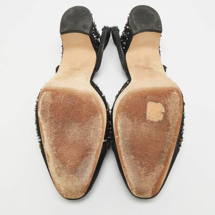 Pre Owned Chanel Embellished Size 39.5 Black Fabric and Grosgrain Cap Toe Slingback Pumps
