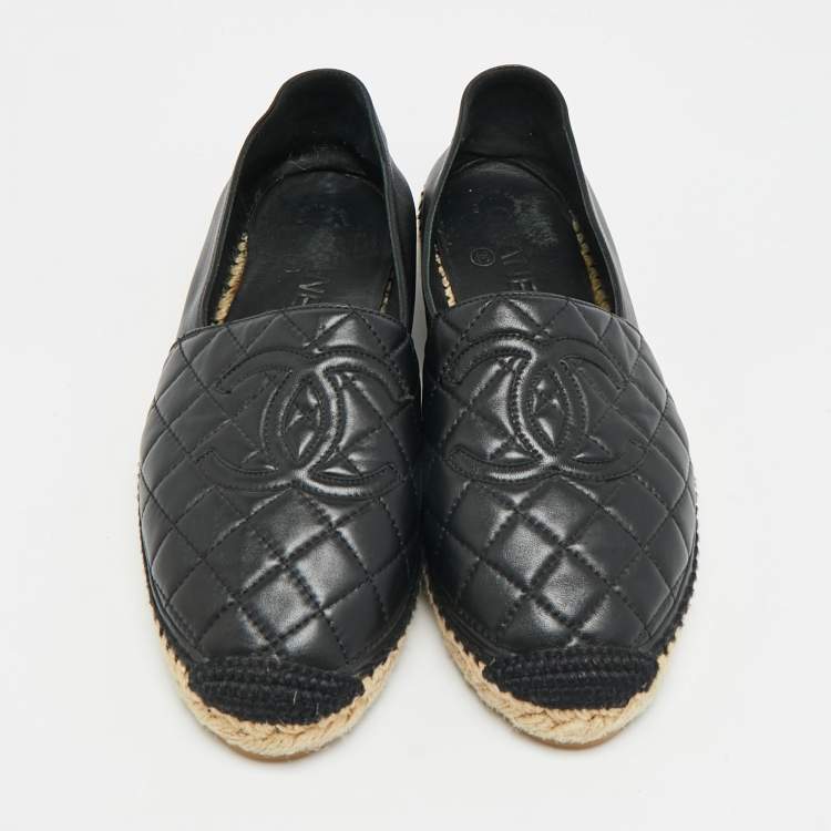 Pre Owned Chanel CC Interlocking Size 39 Black Quilted Leather Espadrille Flats
