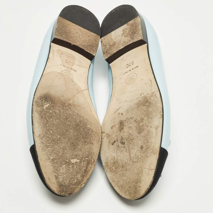 Pre Owned Chanel CC Size 37 Light Blue/Black Fabric and Leather Bow Cap Toe Ballet Flats