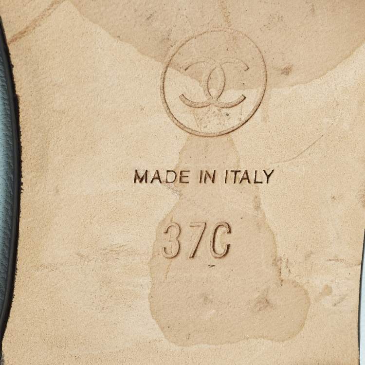 Pre Owned Chanel CC Size 37 Light Blue/Black Fabric and Leather Bow Cap Toe Ballet Flats