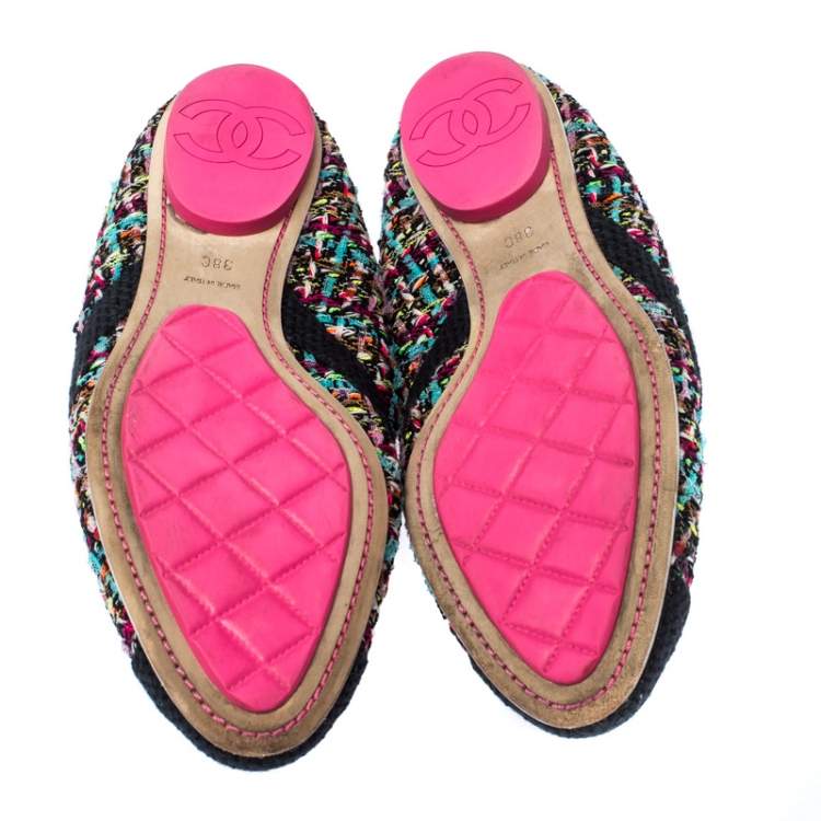 Pre Owned Chanel Multicolor CC Tweed Scrunch Slip On Loafers Size 38
