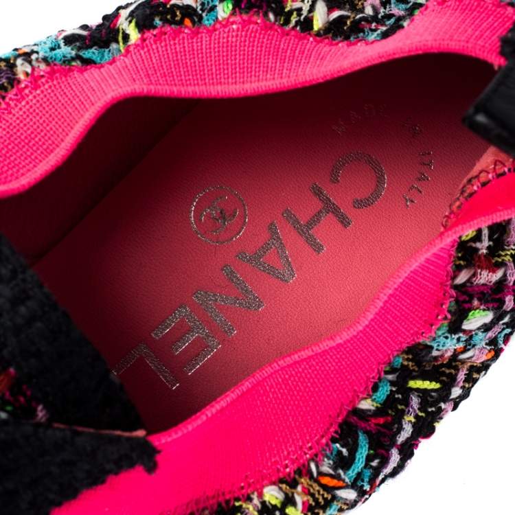 Pre Owned Chanel Multicolor CC Tweed Scrunch Slip On Loafers Size 38