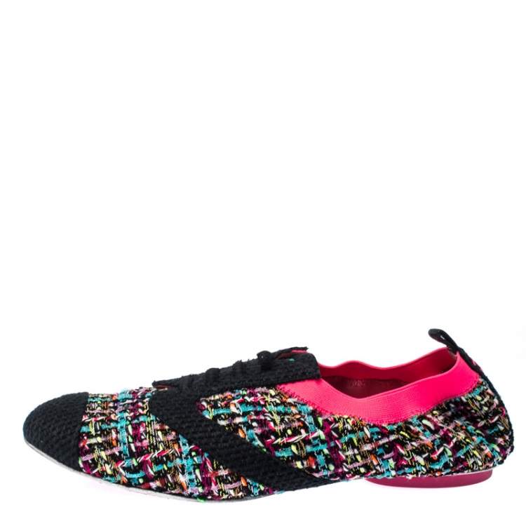 Pre Owned Chanel Multicolor CC Tweed Scrunch Slip On Loafers Size 38