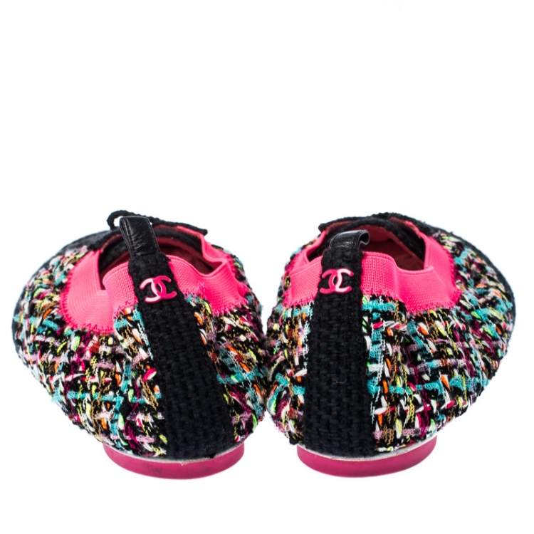 Pre Owned Chanel Multicolor CC Tweed Scrunch Slip On Loafers Size 38
