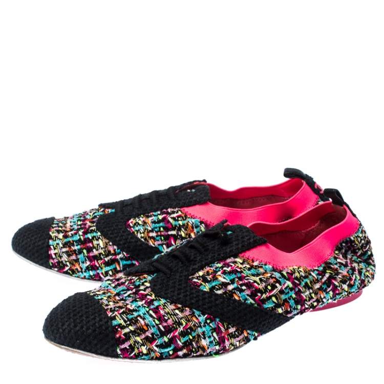 Pre Owned Chanel Multicolor CC Tweed Scrunch Slip On Loafers Size 38