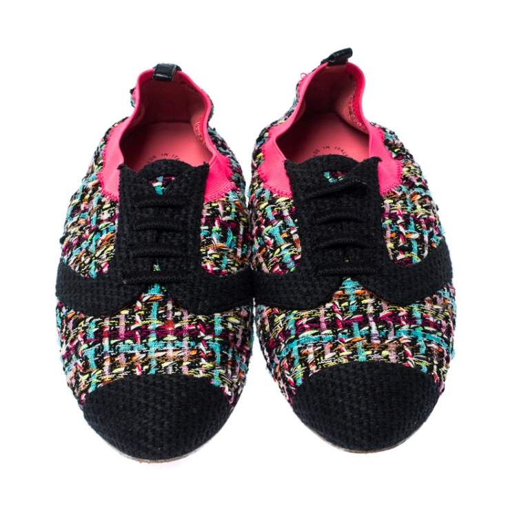 Pre Owned Chanel Multicolor CC Tweed Scrunch Slip On Loafers Size 38