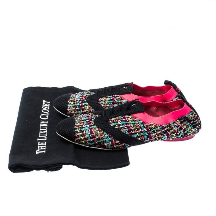 Pre Owned Chanel Multicolor CC Tweed Scrunch Slip On Loafers Size 38
