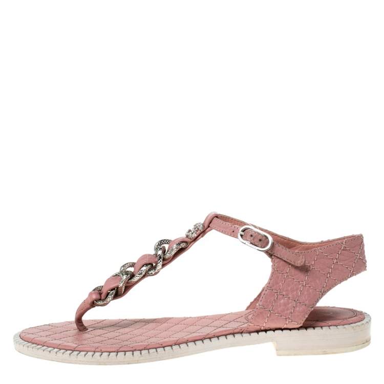 Chanel Light Pink Leather Chain Detail CC Thong Flat Sandals Size 37 Chanel