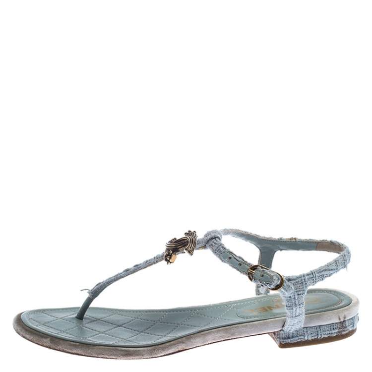 Chanel Light Blue Tweed Fabric CC Thong Sandals Size 37.5 Chanel